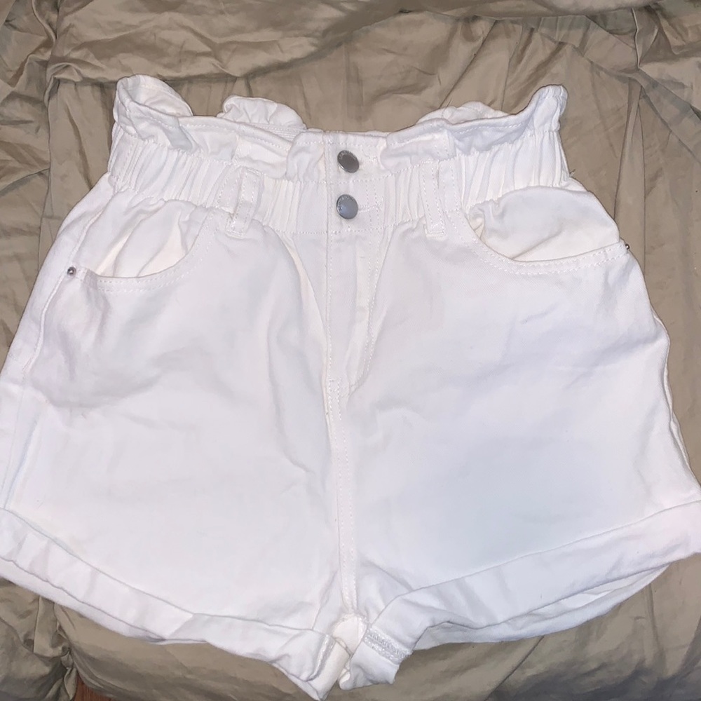 Denim Blvd high rise paper bag waist white denim shorts - Picture 3 of 6